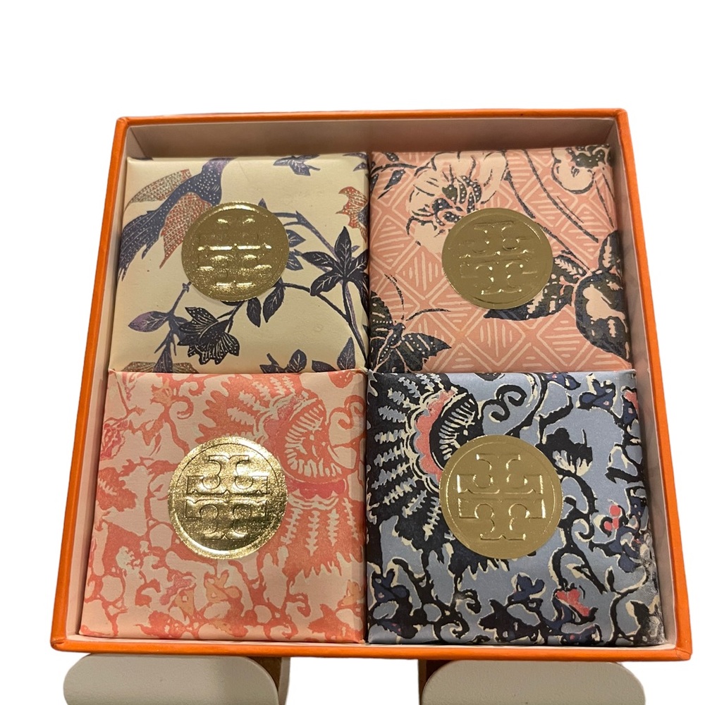 NWT- Authentic box set Tory Burch Perfumed bath soap, set of 4. 2.8oz Ea.